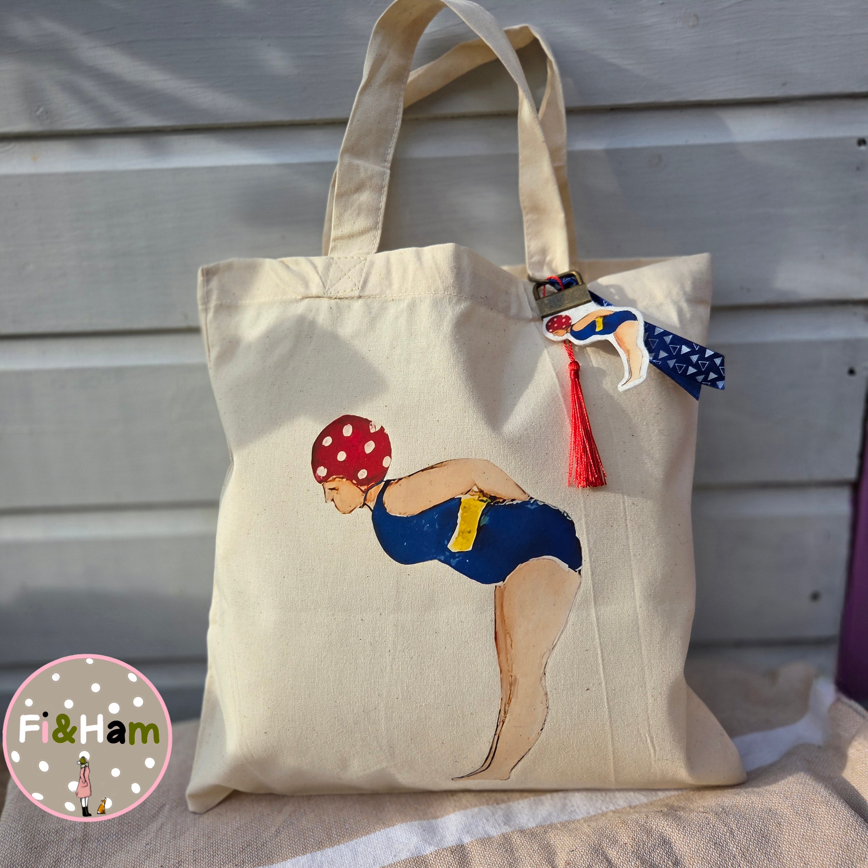 Little Lady Swimmer tote bag small short handled with matching bag charm