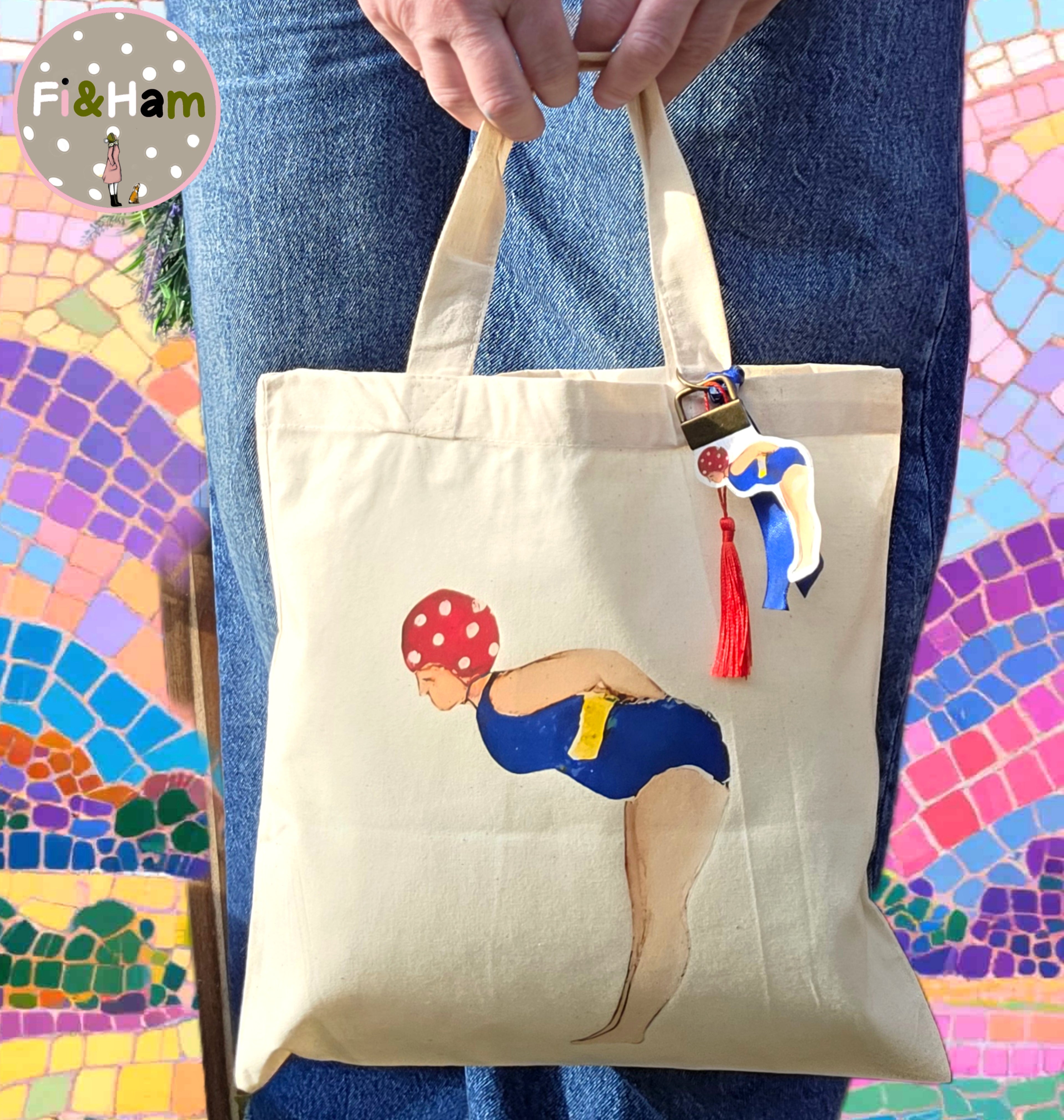 Little Lady Swimmer tote bag small short handled with matching bag charm