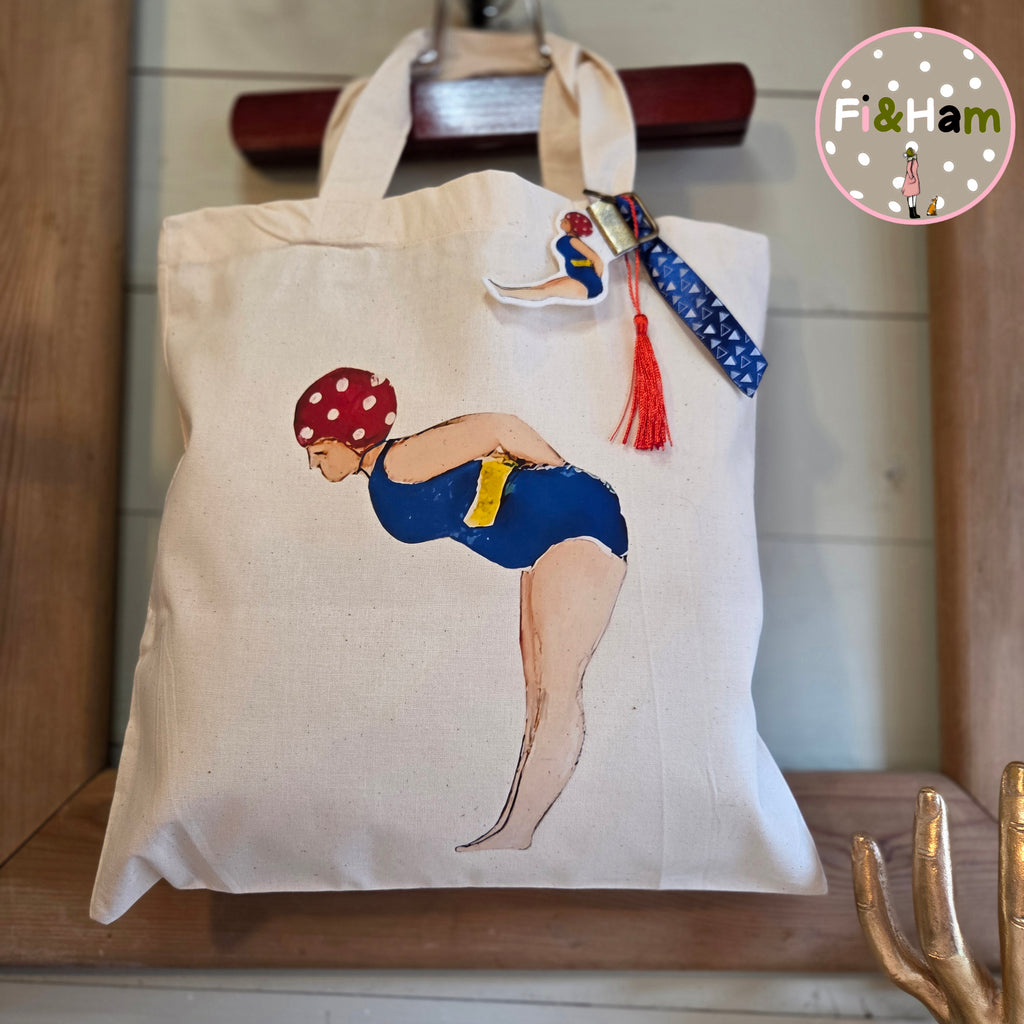 Little Lady Swimmer tote bag small short handled with matching bag charm