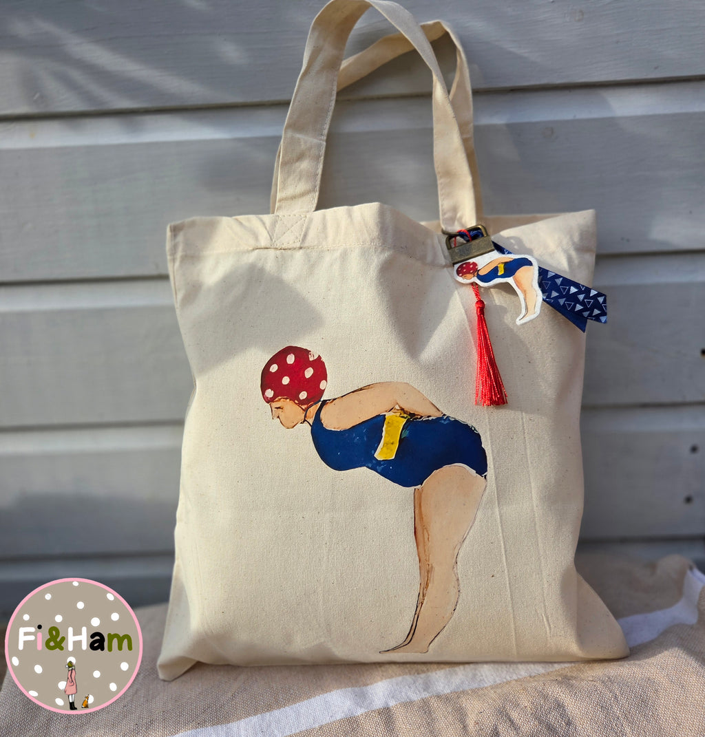 Little Lady Swimmer tote bag small short handled with matching bag charm