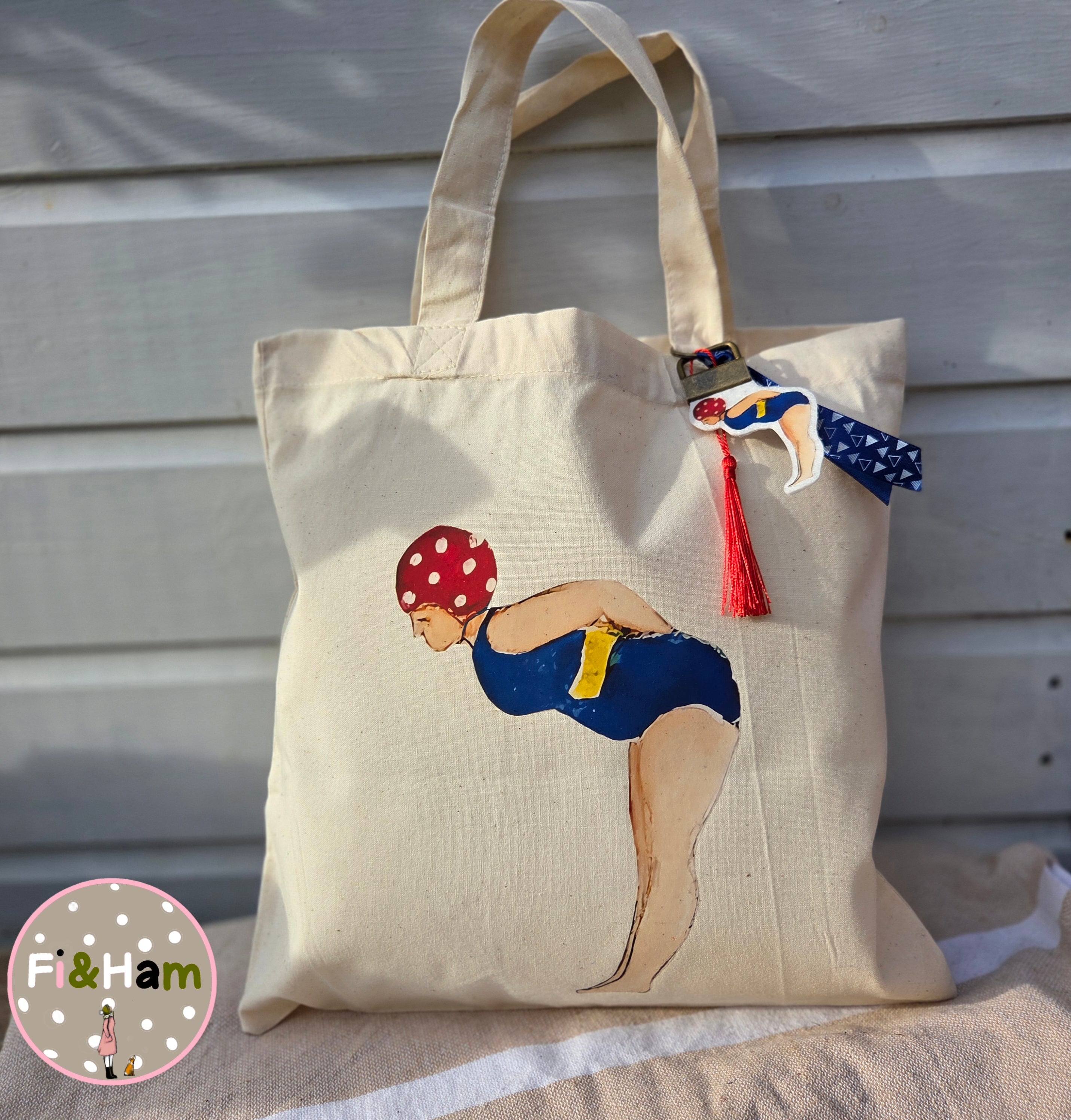 Little Lady Swimmer tote bag small short handled with matching bag charm