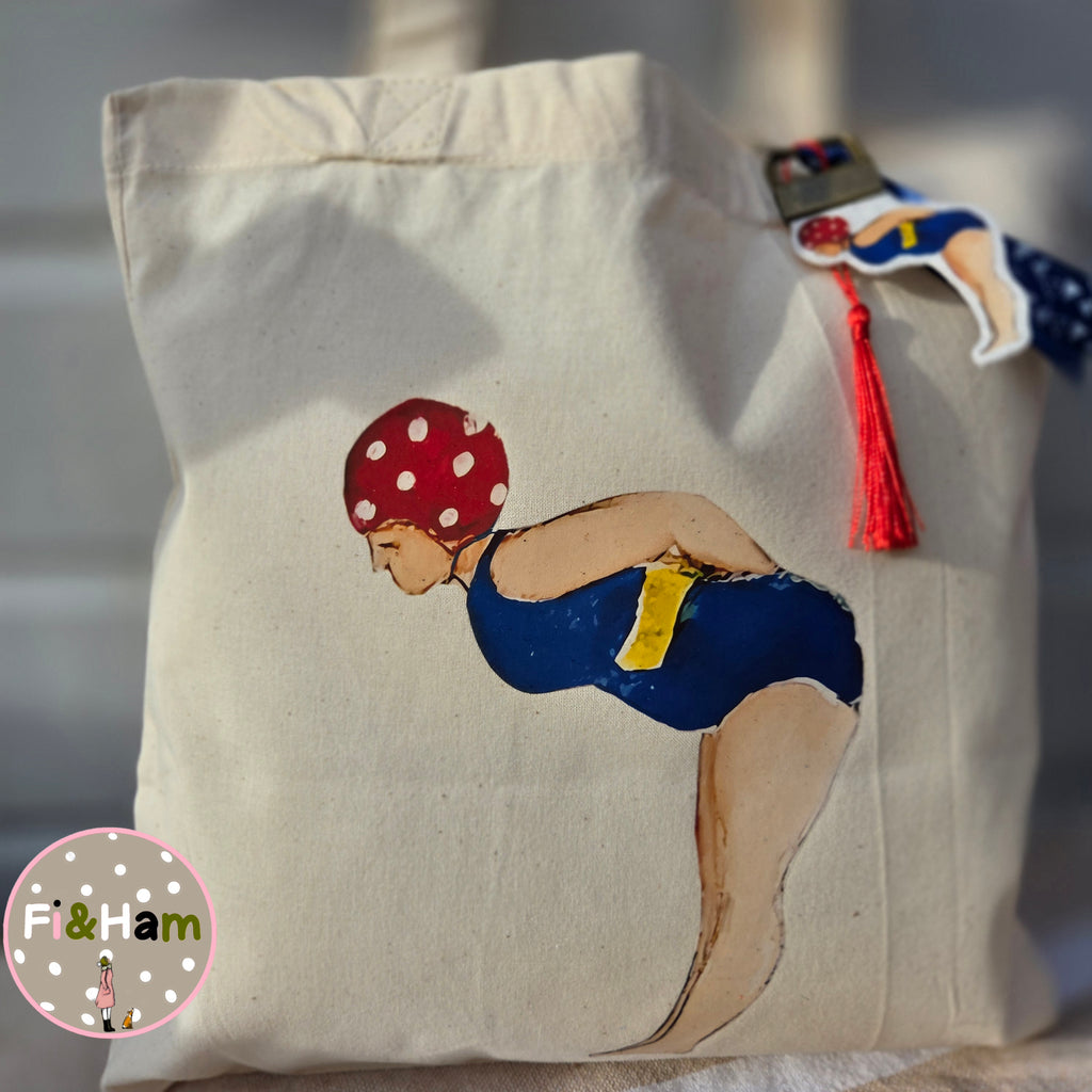 Little Lady Swimmer tote bag small short handled with matching bag charm