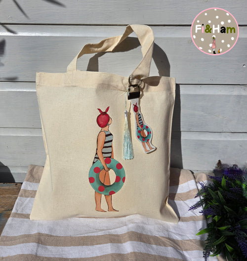 Beach Babe canvas tote bag with matching bag charm