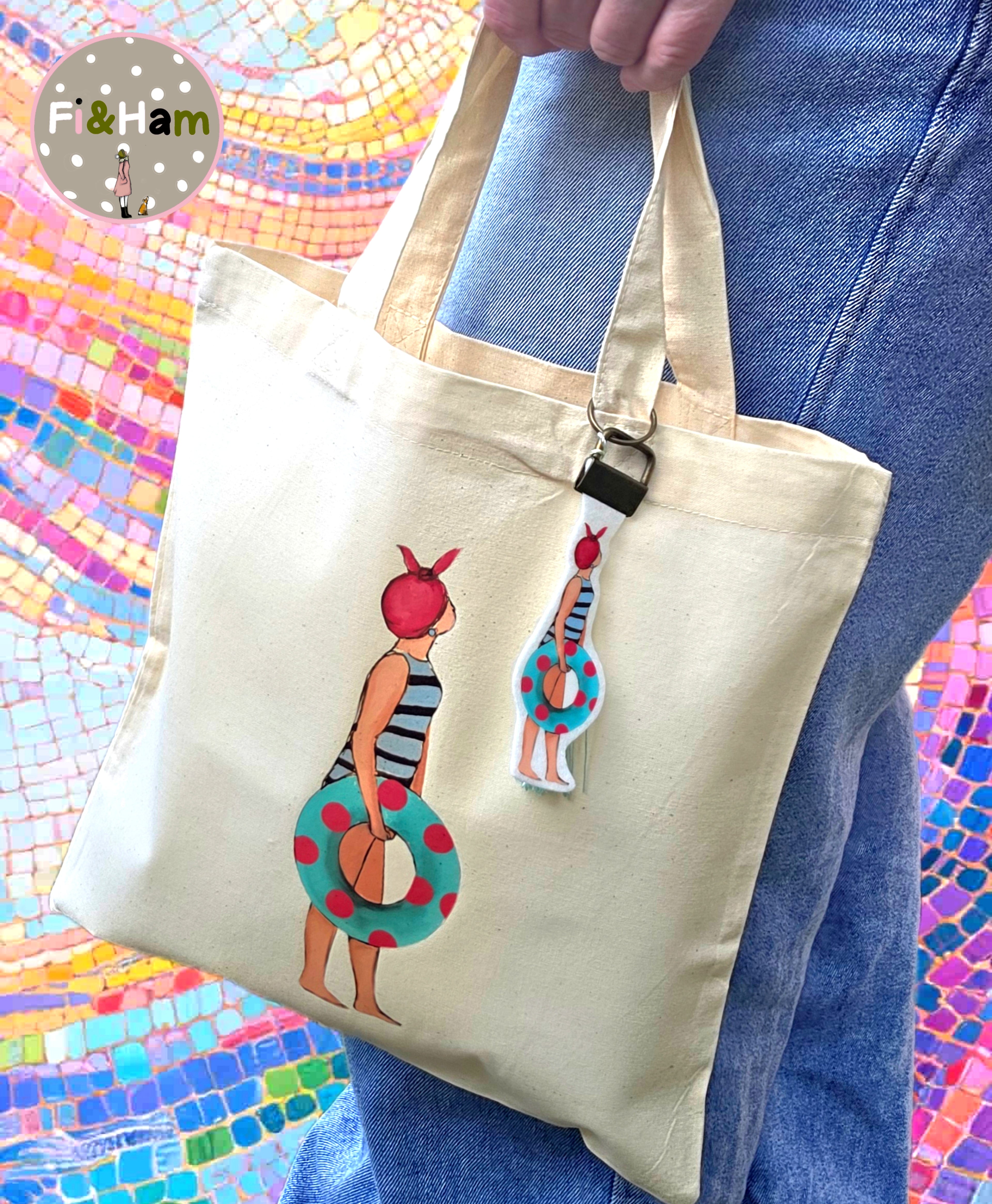 Beach Babe canvas tote bag with matching bag charm
