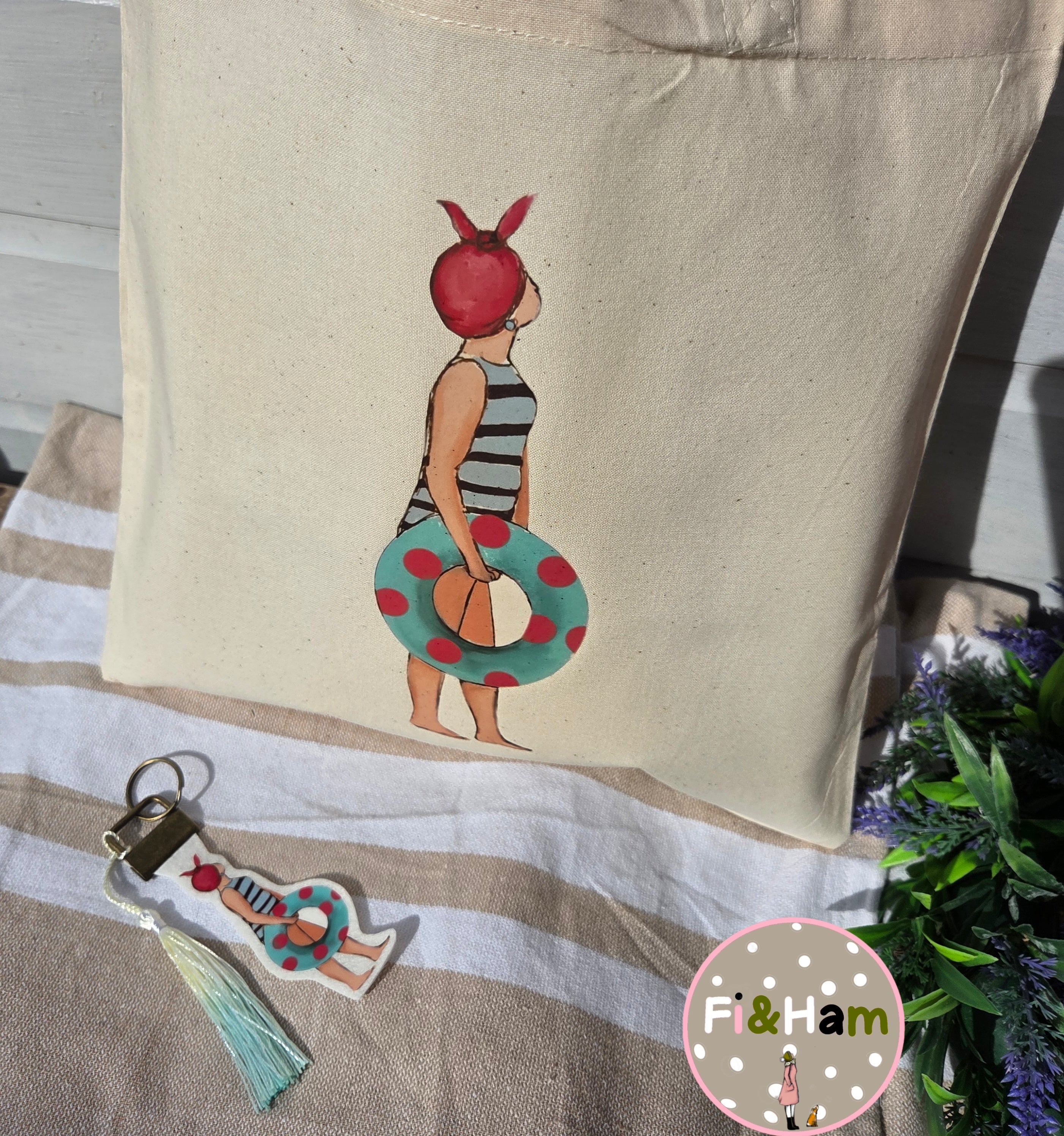 Beach Babe canvas tote bag with matching bag charm