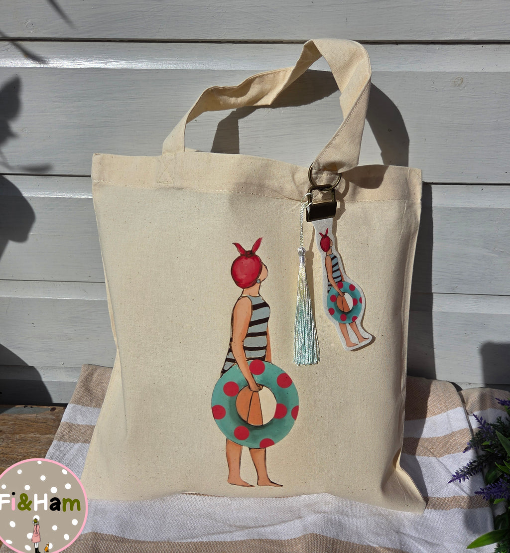 Beach Babe canvas tote bag with matching bag charm