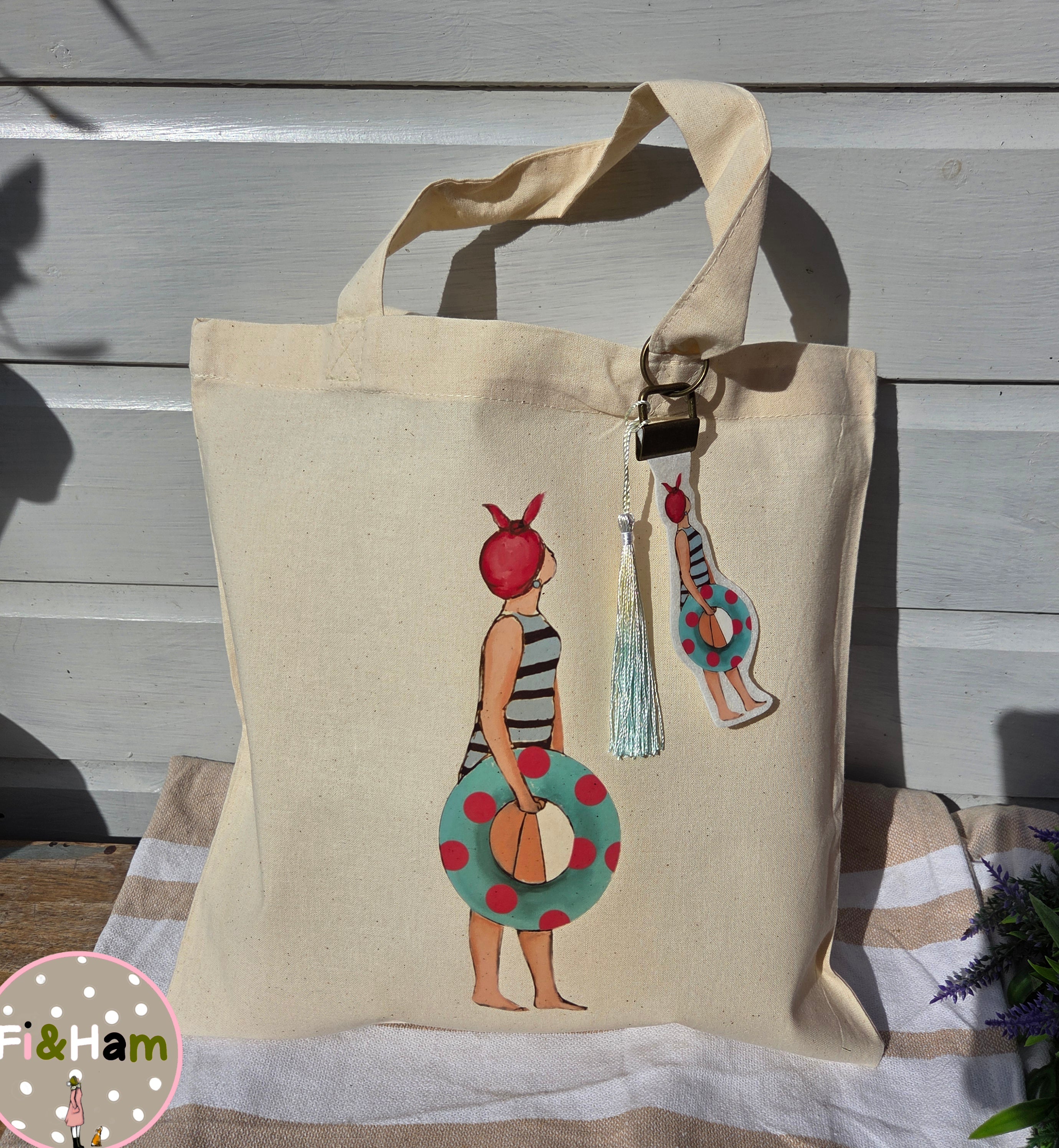 Beach Babe canvas tote bag with matching bag charm